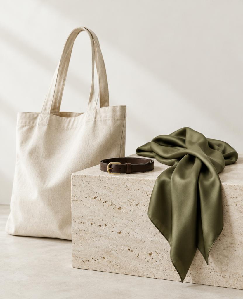 Illustrative canvas tote, olive scarf, and belt
