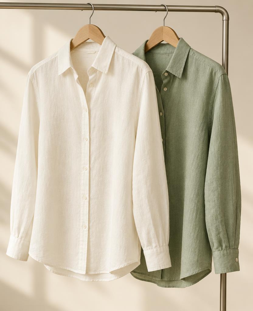 Illustrative ivory and sage shirts on wooden hangers