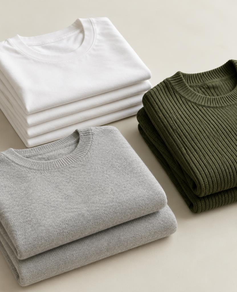 Illustrative folded tees and knitwear